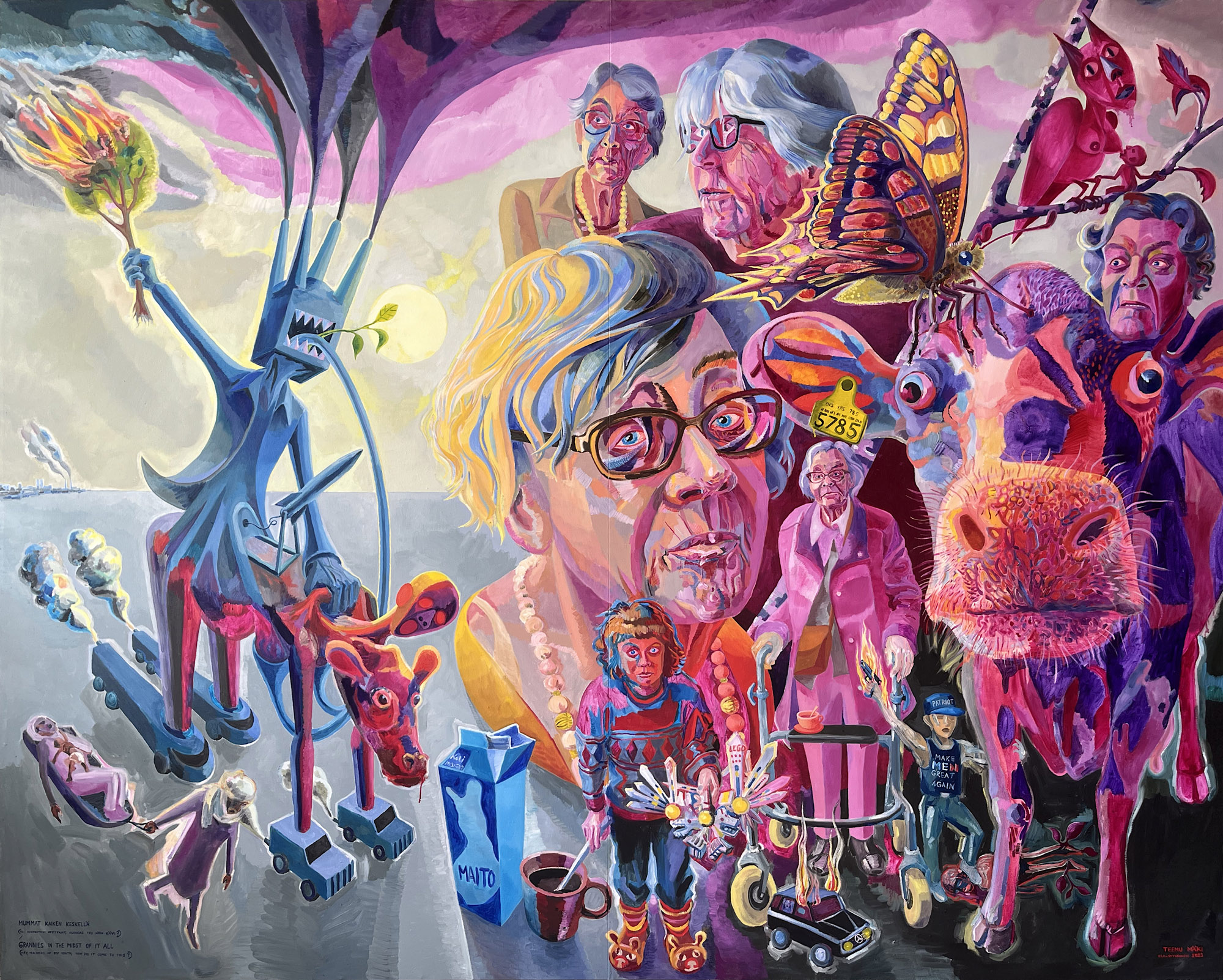 Värikäs maalaus jossa kuvattuna erilaisia ihmis- ja eläinhahmoja